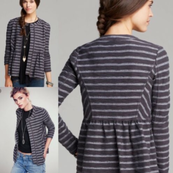FREE PEOPLE GRAY STRIPE ZIP PEPLUM JACKET - Picture 1 of 13